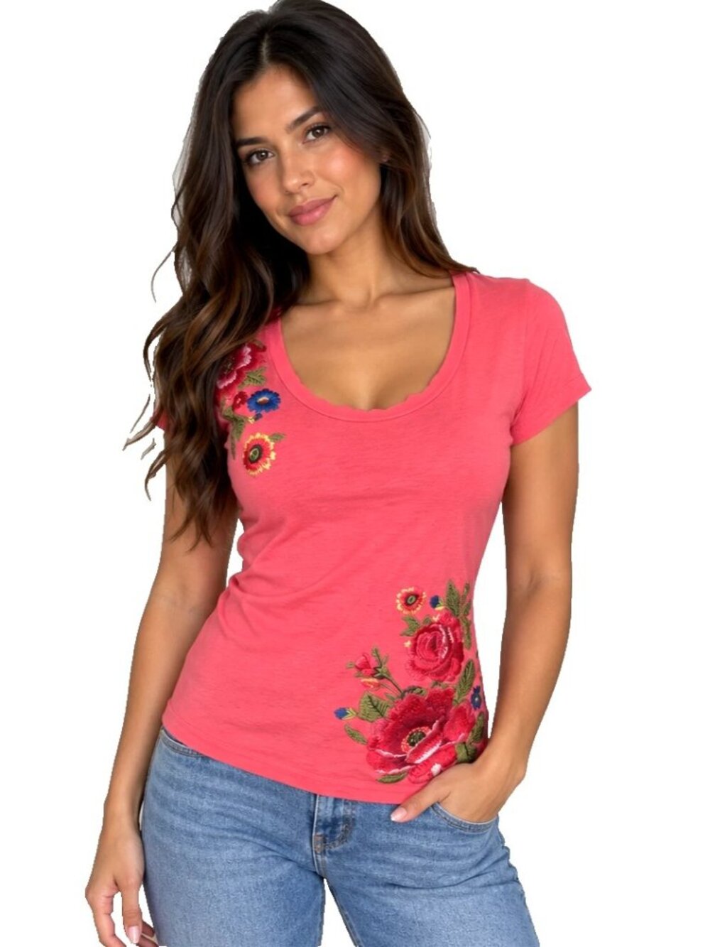 Johnny Was JWLA Los Angeles Pink Roses Embroidered Short Sleeve T-Shirt S Small